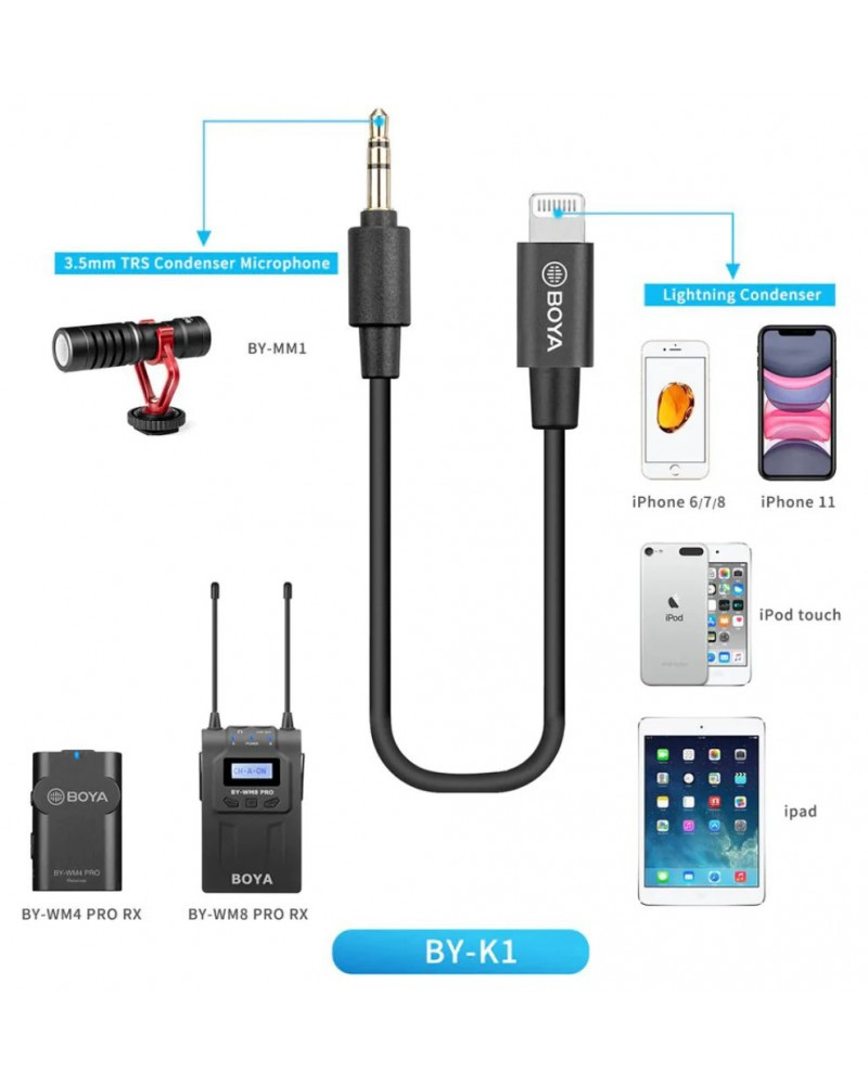 Boya BY-K1 3.5mm Male TRS 20cm Male Lightning Adapter Cable Compatible with iPhone iOS Devices