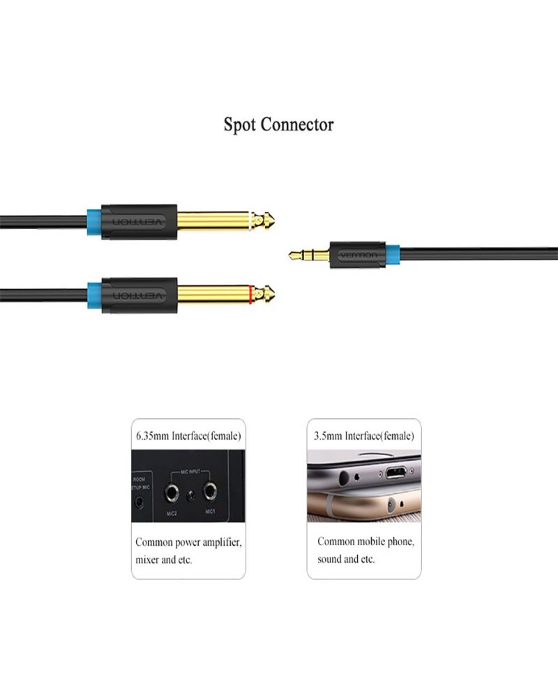 Audio Cable 3.5mm to Double 6.5mm TRS Cable AUX Male Mono 6.5 Jack to Stereo 3.5 Jack Audio Cable for Mixer Amplifier 1.5M